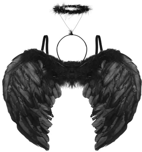 Alas de Angel Negro, Diadema Angel, Alas Demonio, Disfraz Angel Negro, Disfraz Diablo Mujer, Alas Negras para Niños Adultos Mascarada Halloween Carnaval Cosplay Fiesta