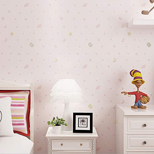 Vlies-Tapete für Kinderzimmer, 3D-Cartoon-Sterne, Mond, Nachthimmel, Jungen-Mädchenzimmer, Kinderspielplatz, Laden-Dekoration, 1.73'W x 32.8'L Nicht Geklebt(Pink)