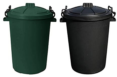 ( Set of 2 ) Dark Green and Black 50 ltr Bin Heavy Duty Dustbin Plastic Storage Unit Refuse Bin Waste Bin with Locking Lid Recycle Compose Bin Recycled Plastic Bin Rubbish Waste Animal Feed