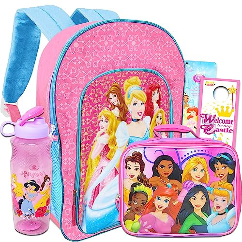 Disney Princess Backpack and Lunch Box Set for Girls - Bundle with Princess School Bag, Lunch Bag, Stickers, and Water Bottle for Kids (Princess School Supplies)