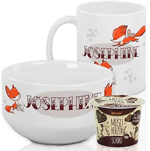 Frühstücksset Kinder personalisiert mit Namen – Fuchs Müslischale mit Tasse aus Keramik - 3-teiliges Geschirrset - Geschenkset für Jungen und Mädchen, spülmaschinengeeignet