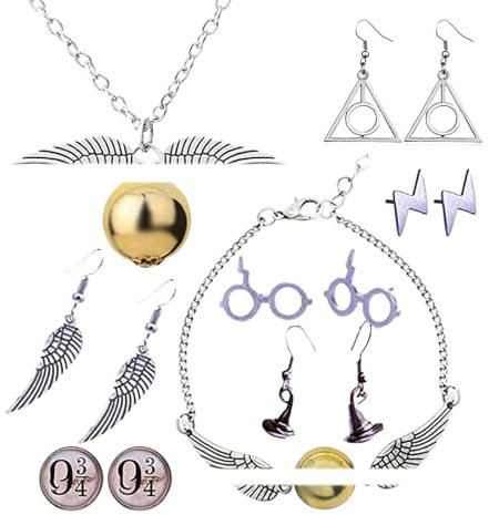 Zaky 18 Stück Goldener Schnatz Kette Halskette Armband Ohrstecker Aufkleber Set Heiligtümer des Todes/Goldener Schnatz/Plattform 9 34 Mehrere Stile Schmuck