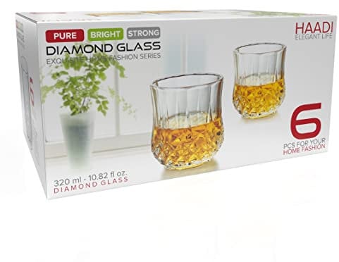 HAADI Glasses Drinking Set of 12 Highball Crystal Clear Cocktail Glass 320ml Diamond Cut Tumbler Dishwasher Safe Ideal for Wine or Beverages