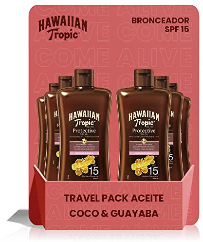 Hawaiian Tropic Tanning Oil Mini - Aceite Bronceador Solar con Protección SPF 15 , Acelerador del Bronceado con Fragancia Tropical , Formato Viaje 100 ml - 6 unidades