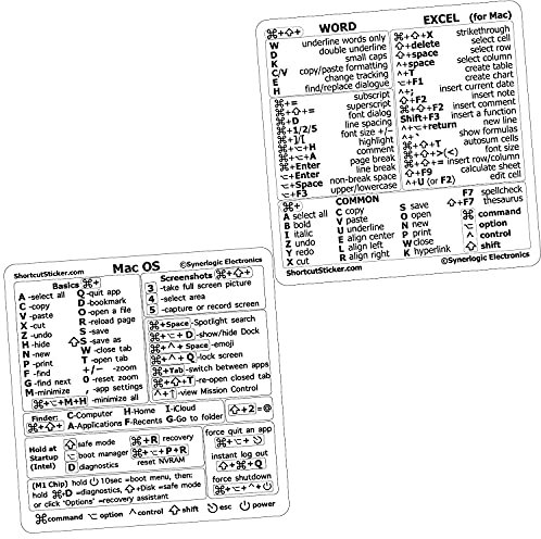 SYNERLOGIC (2 sets) Mac OS + Word/Excel (for Mac) Shortcuts Stickers Bundle | No-Residue Laminated Vinyl Cheatsheet MacBook Keyboard Stickers 83 x 83 mm (Clear/Black, 2 sets)