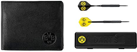 Borussia Dortmund, BVB-Ledergeldbörse, Schwarz, 0 & BVB-Dartpfeile mit Aufbewahrungsbox, Schwarz/gelb