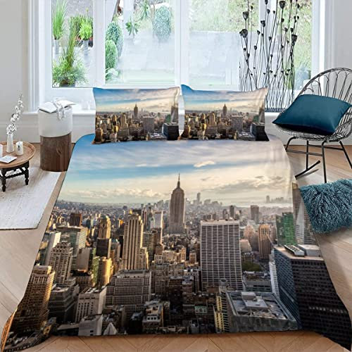 Skyline Von New York Bettwäsche 135×200 Weiche Mikrofaser 3d Druck Stadt-Landschaft Bettbezug mit Reißverschluss Für Kinder Zimmer Dekor Winter Herbst 3 Teilig Bettwäsche Set mit 2 Kissenbezüge 80×80