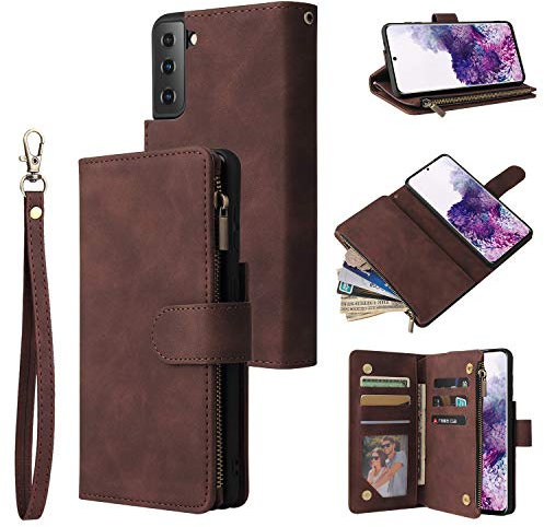 QLTYPRI Hülle für Samsung Galaxy S23, Premium Leder Handyhülle mit Große Kapazität 6 Kartenfach & 1 Reißverschluss Tasche Ständer Schutzhülle für Samsung Galaxy S23 - Kaffee Braun
