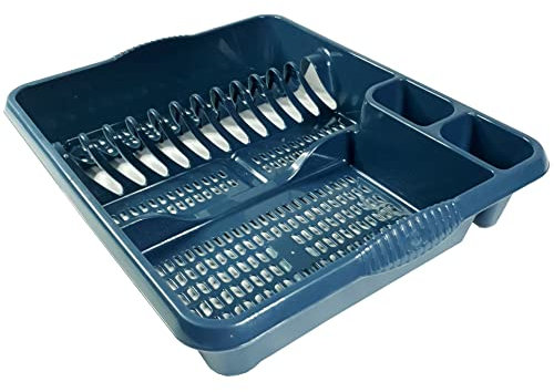 Large Dish Drainer Rack Kitchen Sink Draining Board Countertop Dish Cup Glass Plate Drying Draining Board with Cutlery Drainer Utensil Holder Plastic - 48 x 39 x 11cm - Navy Blue