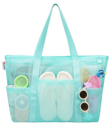 Tagitary Bolsa de playa de malla con cremallera, grande, impermeable, a prueba de arena, con 8 bolsillos para juguetes, bolsa de piscina, accesorios de playa, Azul, 31.81 x 7.87 17.28 inches