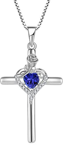 FJ Collier Croix pour Femme Argent Sterling 925 Collier Tanzanite Pendentif Pierre de Naissance Décembre Collier Fleur de Rose Bijoux Cadeaux pour Femme Fille
