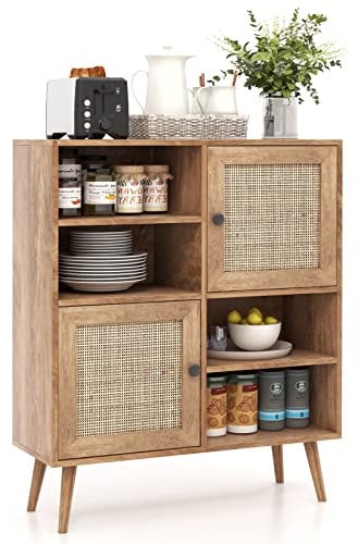 COSTWAY Sideboard Holz, Kommode mit 4 Fächern & 2 Türen, Anrichteschrank Rattan, Schrank modern, 80 x 29,5 x 97cm