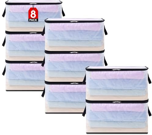 Lifewit 8 Stück Transparente Plastik Aufbewahrungstasche, 60L Kleideraufbewahrung Kleiderschrank Aufbewahrung Umzugskartons Aufbewahrungsboxen mit Verstärkter Griff für bettdecken, Kleidung, Decke