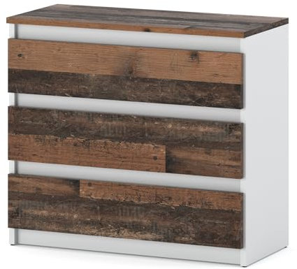 MRBLS Kommode mit 3 Schubladen Sideboard Schubladenschrank Kleiderschrank Modern Möbel mit Schubladen für Ihr Schlafzimmer (Weiß Matt - Old Style) – 80 x 71,5 x 33,5 cm (B/H/T)