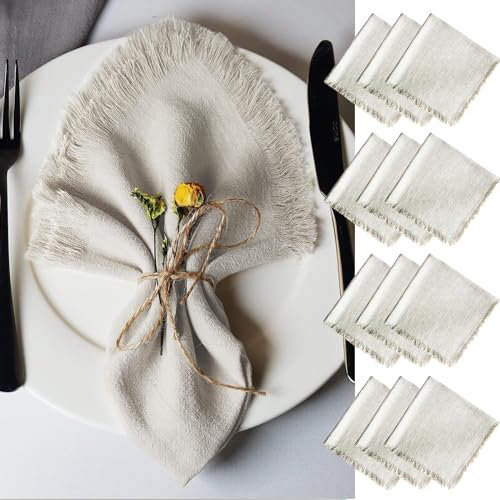 Aiuuee 12 Stück Stoffservietten 45x45cm, Baumwolle Servietten mit Fransen, Waschbar Servietten Stoff Tischservietten für Hochzeit Familienessen Partys Geburtstag und Tischdekoration(Beige)
