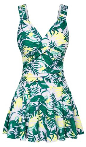 GRACE KARIN Womens Swimsuit Tummy Control Swimming Costume with Skirt High Waisted One-Piece Yellow-Green Leaves S