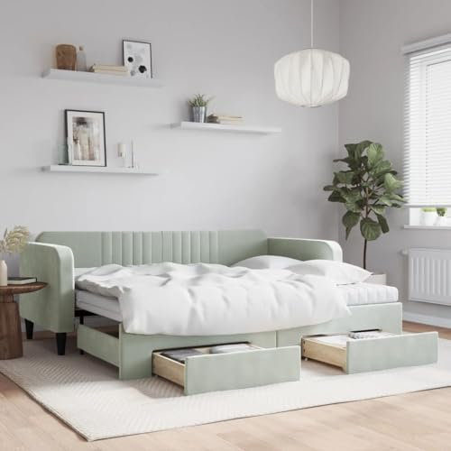 DJEKA Tagesbett Ausziehbar 90x200 cm mit Schubladen Jugendbett 90x200 cm Bett Mit Ausziehbett Hellgrau-16 Tagesbett 90x200 Ausziehbar Tagesbett aus Holz Tagesbettgestell Sofabett Schlafsofa Samt