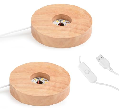 LIFEJXWEN - Base luminosa de madera, base luminosa LED en bola de cristal, base luminosa LED cálida para el arte del vidrio, soporte básico para cristal alimentado por USB