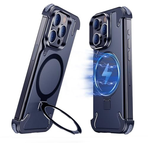 NIFBANG Stoßfest Aluminium für iPhone 15 Pro Max Hülle mit Magsafe,Leder Rahmenlose Handyhülle Anti-Scratch Anti-Fingerprint Handyhüllen Dünn,Schutzhülle mit Integrierter Ständer Phone Case