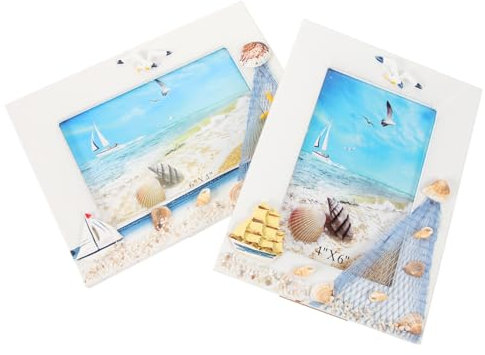 Amosfun Maritimer Holz Bilderrahmen 20X15Cm Mit Muscheldekor Nautische Tischdeko Für Strandfotos Urlaubsbilder Erinnerung