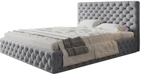 AlpiMeble Polsterbett Miami Slim mit Kopfteil, 180 x 200 cm, Doppelbett mit Bettkasten und Lattenrost aus Holz, Farbe: Grau, Velourestoff