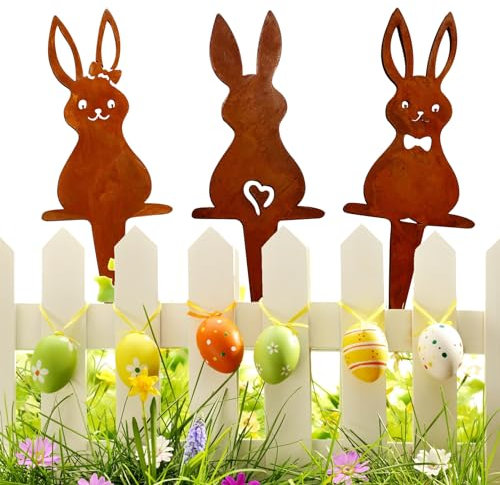 GZWY Osterhasen Gartenstecker 3 Stück Ostern Rost Deko Gartendeko für Draußen, Figuren Blumenstecker Frohe Ostern Gartendeko für Ostern Deko Rostdeko Gartendeko (3 PCS)