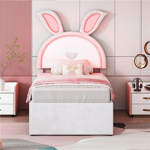 Multifunktionales Kinderbett mit farbwechselndem LED-Licht und Hasenkopfteil, Polsterbett mit ausziehbarem Ausziehbett und Stauraumschubladen, Jugendbett,90 x 200cm(Color:beige)