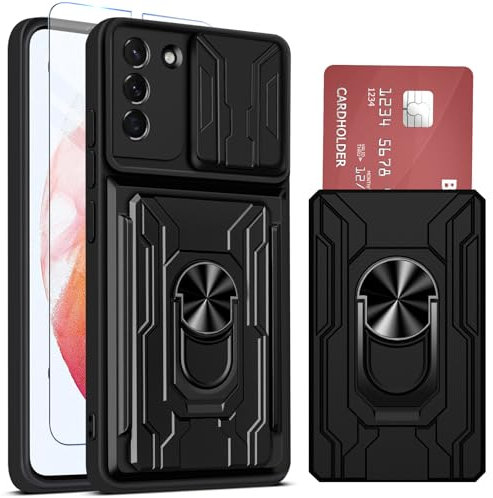 Ailicici für Samsung S21 Hülle mit 2 Schutzfolie, Schutzhülle Samsung Galaxy S21 5G Hülle mit Kameraschutz & Kartenschlitz 360° Metall Ring Ständer Stoßfest Bumper Case, Handyhülle Galaxy S21 5G Hülle