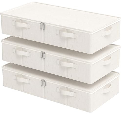 ENUMAIL 3 Piezas Cajas de Almacenamiento Plegable Bajo la Cama con Asa, Contenedores Organizadoras de Tejidos con Mango, Para Colchas, Ropa, Mantas y Zapatos, 80×40×15cm, Beige