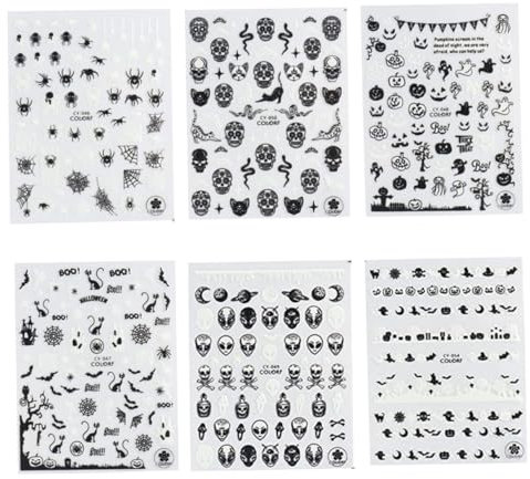 Halloween Nail Art Stickers Glow in The Dark Nail Decals 3D Self-Adhesive Fluorescent Nail Stickers Skull Spider Witch Ghost Pumpkin Bat Snake Nail Design for Women and Girls 6PCS