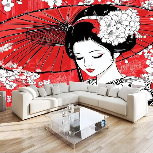 Papier Peint 3D Style Japonais Femme Sakura Rouge Panoramique Peinture Murale Interieur 200x140 cm pour Salon Chambre à Coucher D'Enfant Maison Décoration Murale