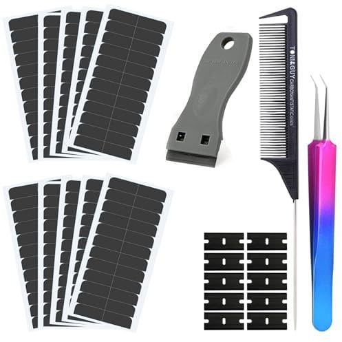 Bettinay 120 PCS Tape Hair Extensions Glue Strips, Precut Double Sided Adhesive Tapes with Scraper 10 Refills Comb Tweezers