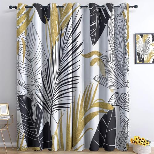 Rideau Occultant Motif Feuilles De Palmier Géométriques De Luxe 3D Impression Rideaux Thermique Isolant à Oeillets Anti Froid Rideaux pour Chambre Décoration 70L X 240H cm (2 Panneaux), Blanc Or