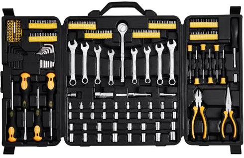 VEVOR 221-Piece Mechanics Tool Set, 1/4 and 3/8 Drive Sockets, SAE and Metric Mechanic Tool Kit with Bits, Wrenches, Ratchet Handle, Accessories, and Plastic Storage Case, for Automotive Repair