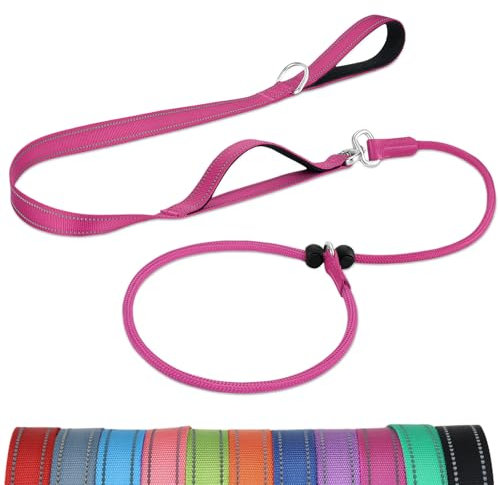 Joytale Doppelter Griff Retrieverleine mit Zugstopp, 1,8m Verhedderungsfreies Trainingsleine für Hunde, Reflektierend Führleine aus weichem Nylon für Kleine und Mittlere Hunde, Leuchtend Rosa