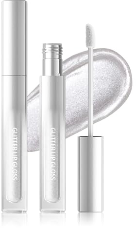 Glitter Lipgloss Silber, Metallic Shimmer Flüssiger Lippenstift 24 Stunden Halt, Waterproof Non-stick Cup Diamond Glitzer Lip Gloss, Hochpigmentiert Sparkly Glossy Lipstick Makeup für Weihnachten-01