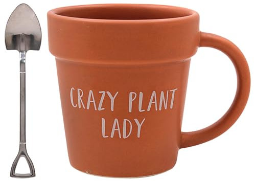 Plant Pot Mug and Shovel Tea Spoon Green Fingers Range, Tea and Coffee Mugs for Hot Drinks | Printed Mug for Kitchen & Home | Reusable Ceramic Cups for Every Occasion (Crazy Plant Lady 4802)