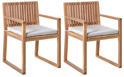 Beliani Rustic Outdoor Set of 2 Garden Dining Chairs with Cushions Certified Acacia Wood Polyester Light Brown Light Grey Sassari II