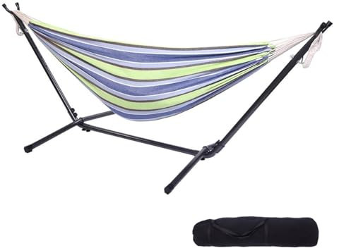 LEADZM Hängematte mit Gestell, Gestell aus Metall, bis 250 kg belastbar, 305x109x104 cm, auf 6 Verschiedene Höhen verstellbar (Lila-grün)