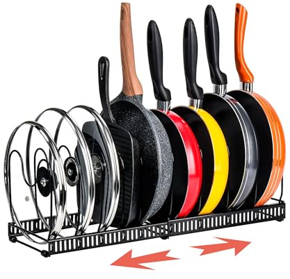 Amig - Organisateur de Poêles Extensible - De 6 à 10 Compartiments - Acier Noir - Rangement de Cuisine pour Couvercles et Poêles - Dimensions : 20 x 24 x 30-57 cm