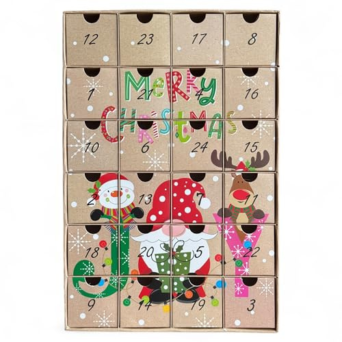 MIJOMA Adventskalender „JOY“ – 24 Boxen zum Befüllen – Wiederverwendbar aus Karton – Weihnachtskalender mit Wichtel, Schneemann & Rentier