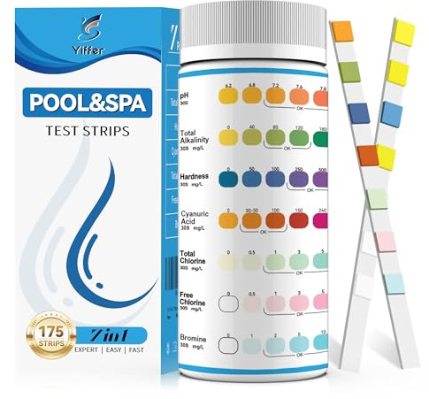 Yiffer 175-Count 7-Way Hot Tub & Pool Test Strips - Accurate Test Bromine, Total Alkalinity, pH, Free Chlorine, Total Hardness, Cyanuric Acid, and Total Chlorine