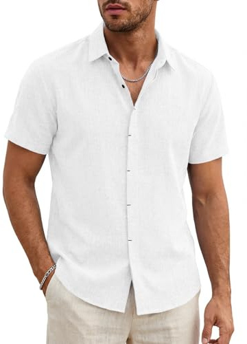 Runcati Chemise d'été légère à manches courtes pour homme - Coupe droite - En lin - Pour mariage, affaires, plage - Décontractée - Couleur unie, Blanc., XXL