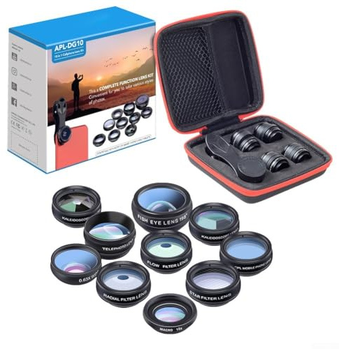 10 in 1 Handy Kamera Objektiv Kit 9 Objektive + Clip Mount für Fisheye Weitwinkel Makro Teleobjektiv CPL Kaleidoskop Filter HD Glasoptik Kompatibel mit den meisten Smartphones