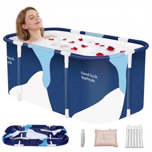 SOONHUA Bañera portátil plegable para adultos, jacuzzi, con cojín para interior y exterior, spa caliente, baño de hielo, 140 x 60 x 50 cm, azul, moderna, independiente, rectangular