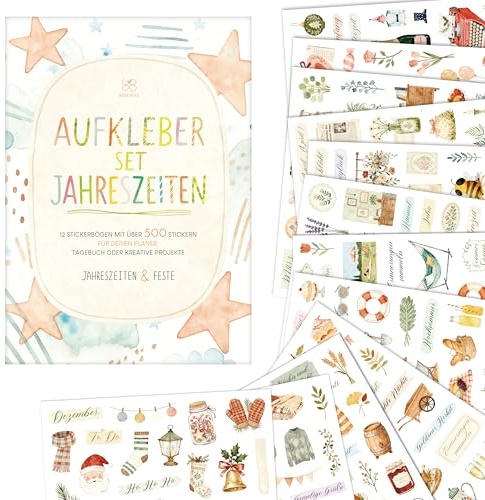 BIROYAL 12 Blätter Jahreszeiten Sticker Set, über 500 Aufkleber Landleben | Scrapbook Sticker für Fotoalbum Bullet Journal Zubehör Deko, DIY Aufkleber für Kinder Erwachsene Basteln Geschenke, 17 x 24cm