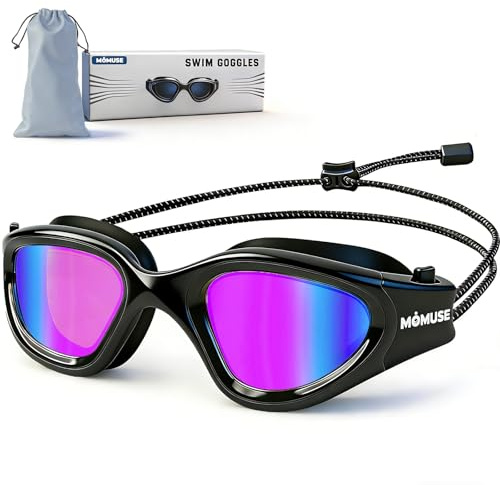 MOMUSE Lunettes de Natation Adultes, Élastique Confortable | Protection UV, Sans Tirer Les Cheveux, Anti-Buée, Lunette de Piscine Unisexe Hommes Femmes, Piscine, Plage et Entraînement