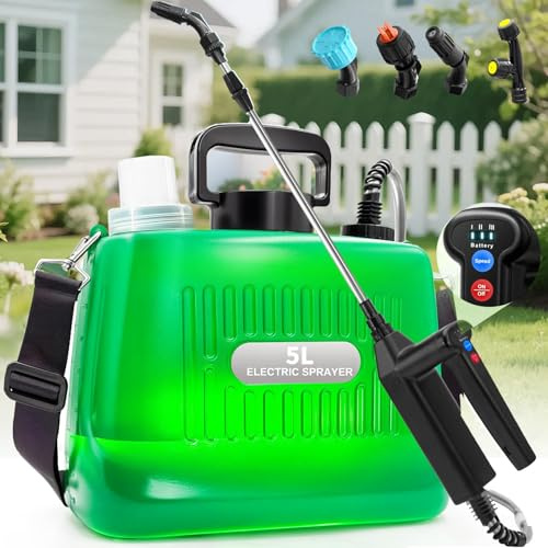 Lambluefly Pompa Irroratrice a Batteria 5Litri, 7.4V/2.4Ah Spruzzatore a Pressione Elettrico,Nebulizzatore Piante con 3 Ugelli Multifunzionale,Spruzzino Nebulizzatore Acqua Retrattile per Irrigazione