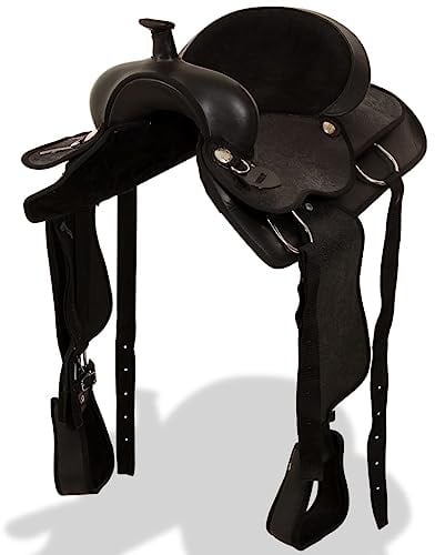QUAHEAS Western-Sattel Echtleder 17 Zoll Schwarz mit Halfter Brustblatt, Sattelbaum gepolstert, vielseitiger Reitsattel für Pferd Pony, Robustes Leder mit Sitzfläche und Steigbügel
