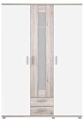 FORTE BEACH Schrank 140, Kleiderschrank Weiß / Holzdekor: Sandeiche, Drehtürenschrank,Schlafzimmerschrank Skandinavisch 2-türig 2 Schubladen 139.5 cm breit x 200 cm hoch x 58 cm tief